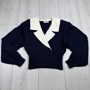 Vintage St. John Santana Knit Navy Blue Collared Sweater Puff Sleeves Women's 12